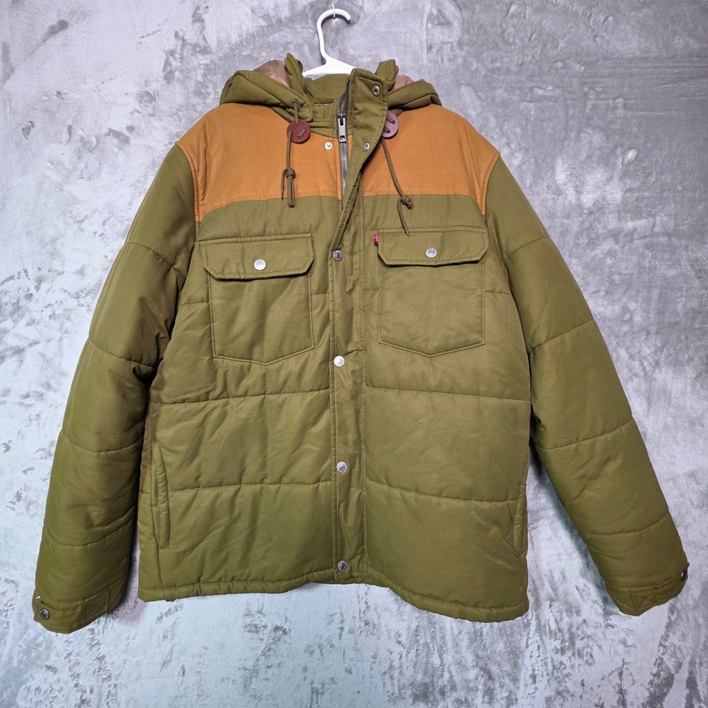 Levis Mens XXL Hooded Puffer Jacket Olive Green Yellow Thermore Insulated Coat